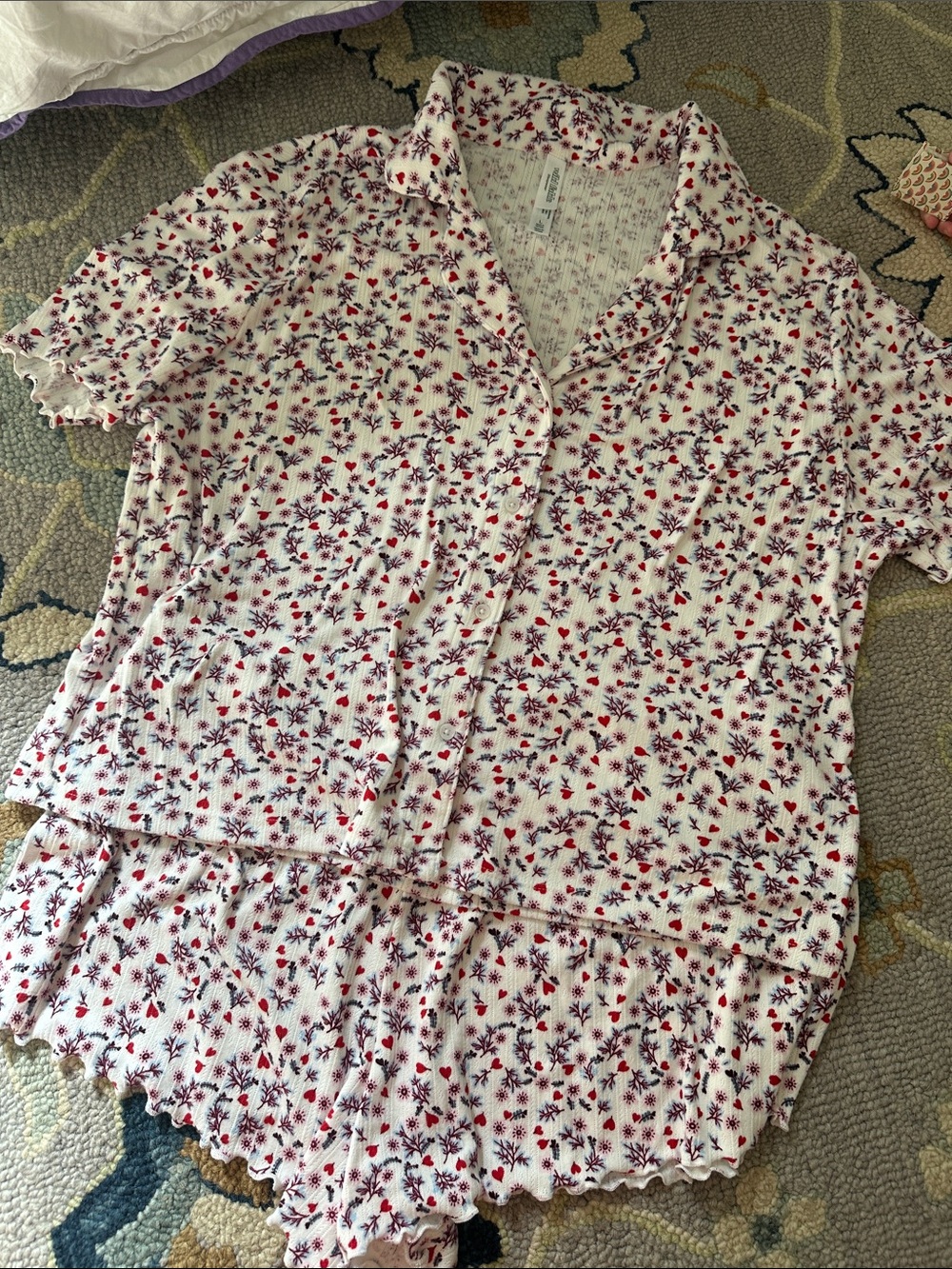 Women's Floral Short Sleeve Pajama Set - White with Red & Purple Floral Print